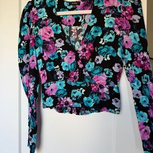 AFRM Wrap Front Long Sleeve Blouse in Black Floral